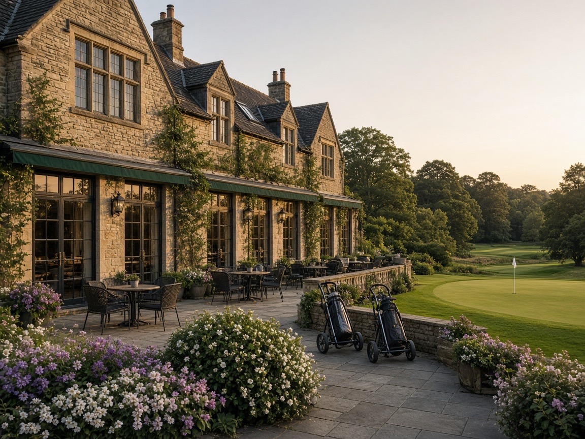 Golf clubhouse terrace overlooking the 18th green at sunset