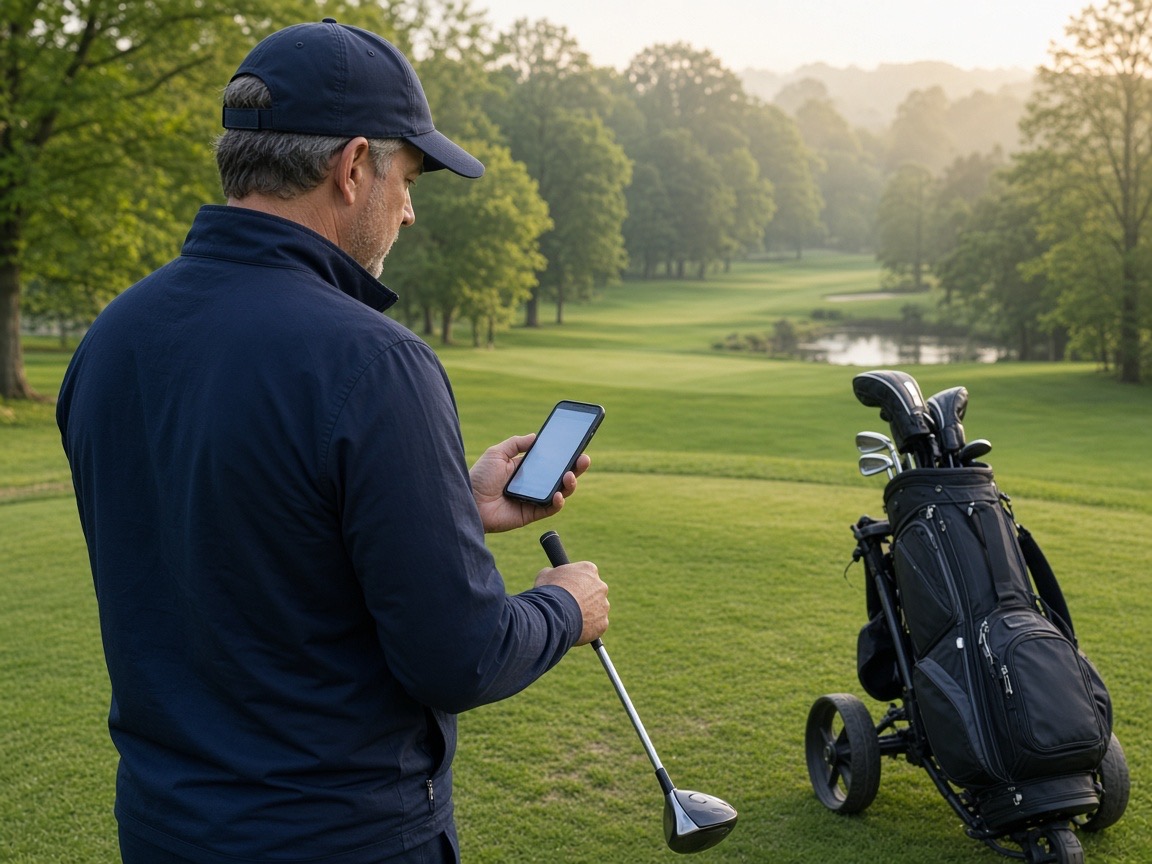 Golfer checking his handicap on his phone on the first tee