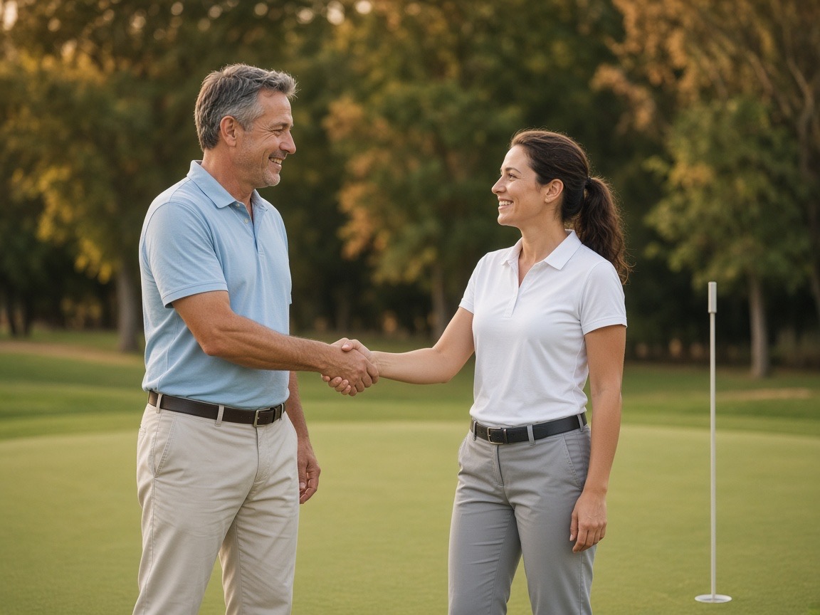 Two golfers shaking hands on the green after a match